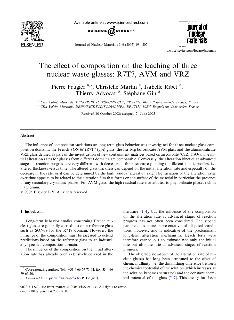 The effect of composition on the leaching of three nuclear waste glasses: R7T7, AVM and VRZ