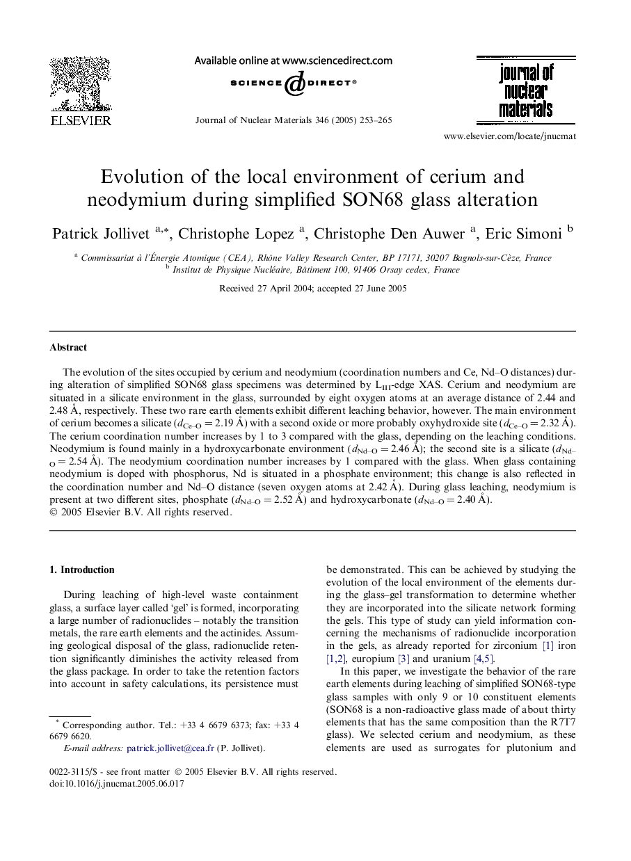 Evolution of the local environment of cerium and neodymium during simplified SON68 glass alteration