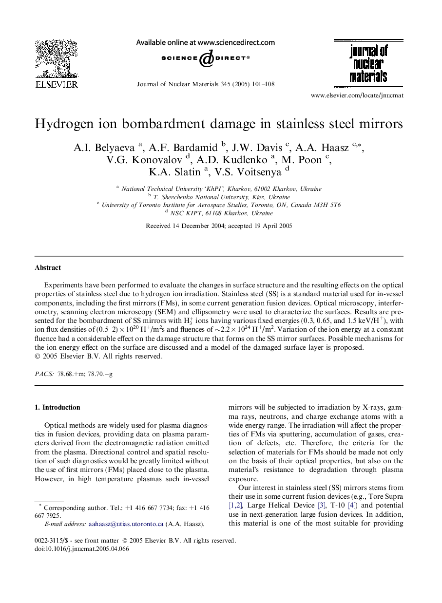 Hydrogen ion bombardment damage in stainless steel mirrors