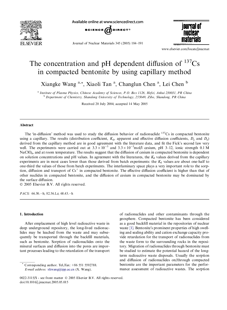 The concentration and pH dependent diffusion of 137Cs in compacted bentonite by using capillary method