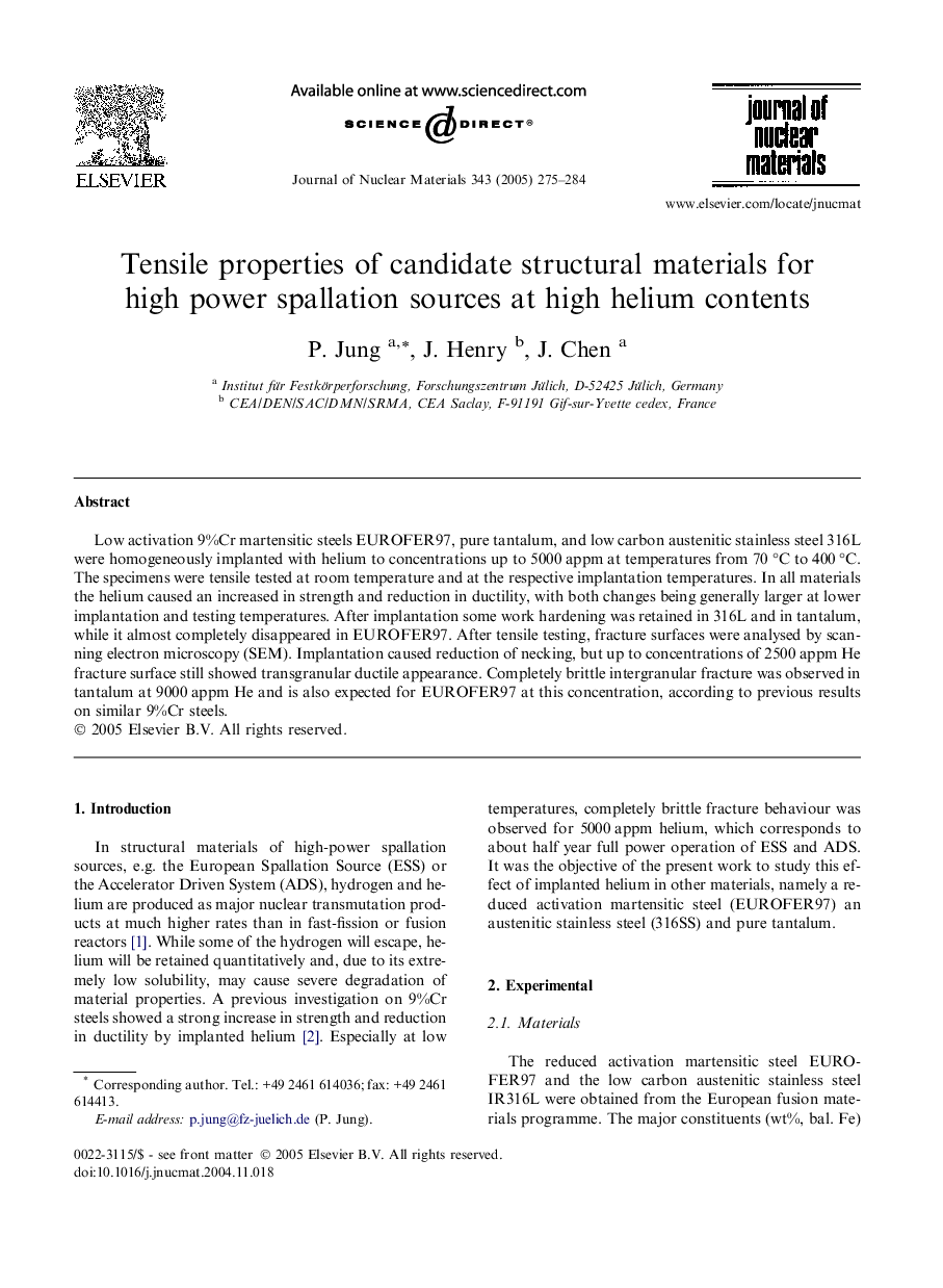 عکس صفحه اول مقاله: Tensile properties of candidate structural materials for high power spallation sources at high helium contents Tensile properties of candidate structural materials for high power spallation sources at high helium contents