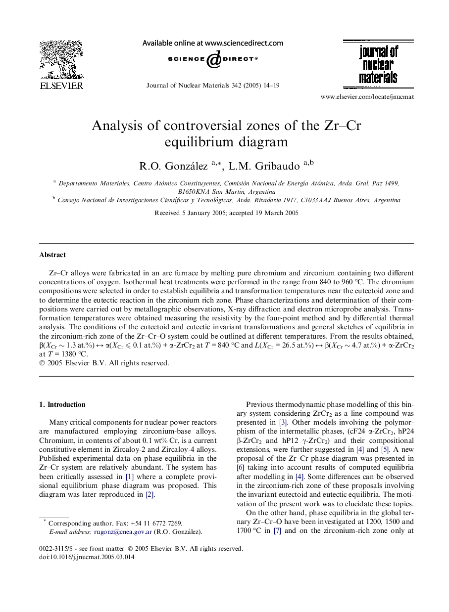 Analysis of controversial zones of the Zr-Cr equilibrium diagram