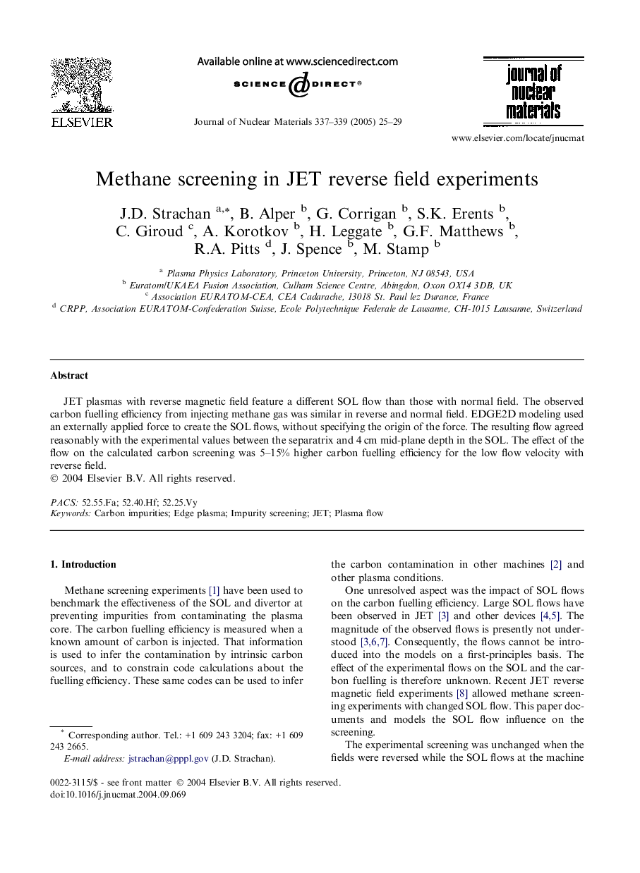 Methane screening in JET reverse field experiments