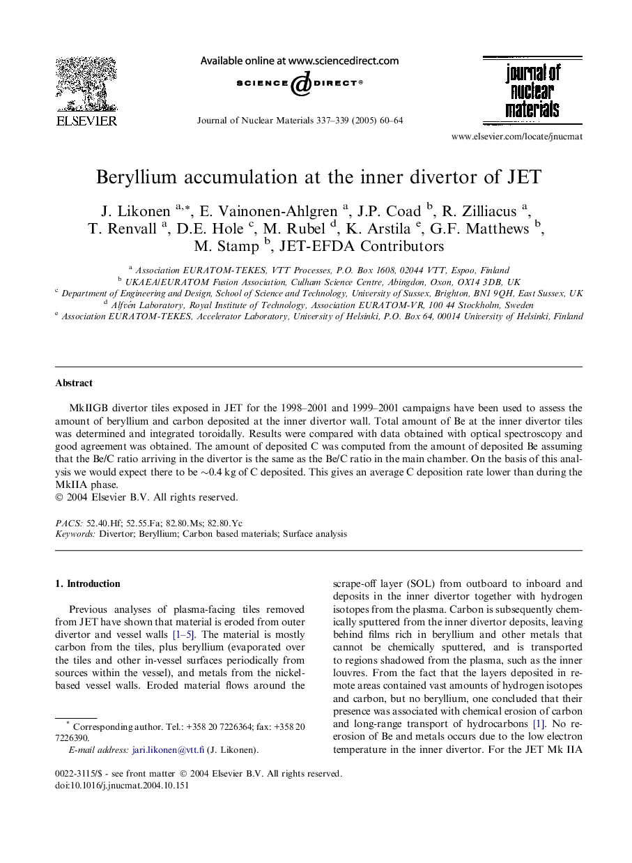 Beryllium accumulation at the inner divertor of JET