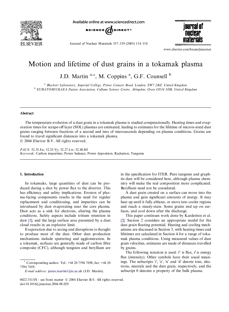 Motion and lifetime of dust grains in a tokamak plasma