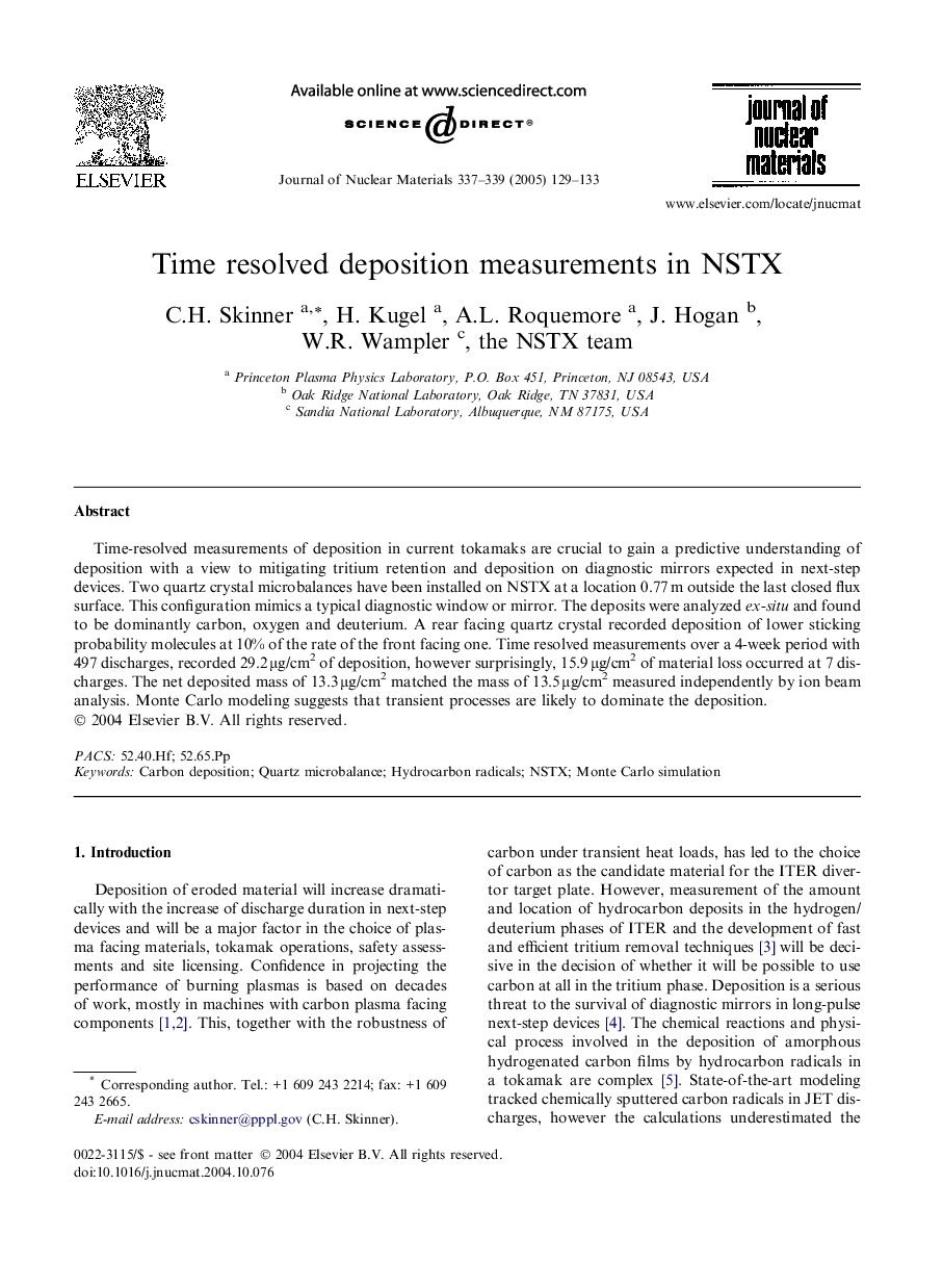 Time resolved deposition measurements in NSTX