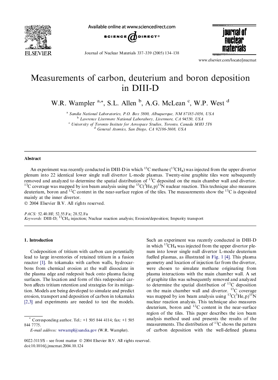 Measurements of carbon, deuterium and boron deposition in DIII-D