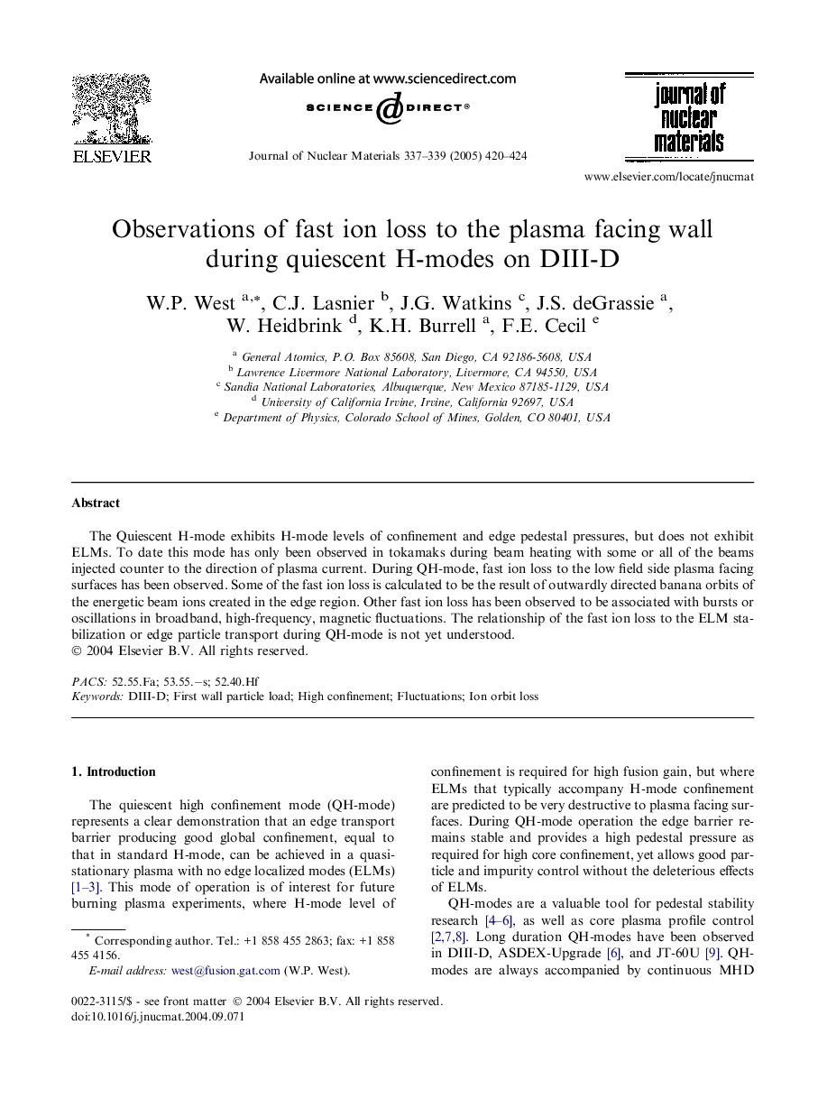 Observations of fast ion loss to the plasma facing wall during quiescent H-modes on DIII-D