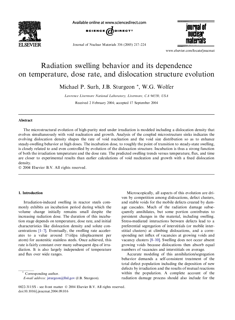 Radiation swelling behavior and its dependence on temperature, dose rate, and dislocation structure evolution