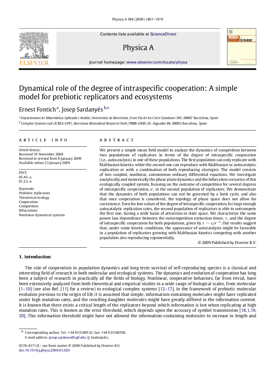 Dynamical role of the degree of intraspecific cooperation: A simple model for prebiotic replicators and ecosystems