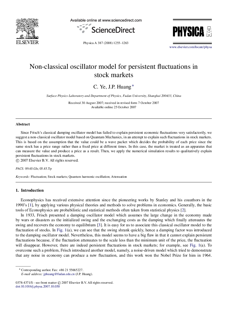 Non-classical oscillator model for persistent fluctuations in stock markets