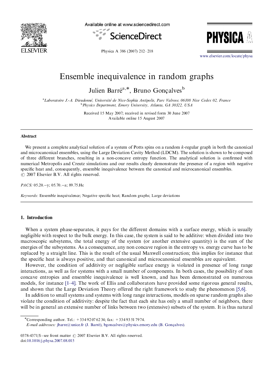 Ensemble inequivalence in random graphs