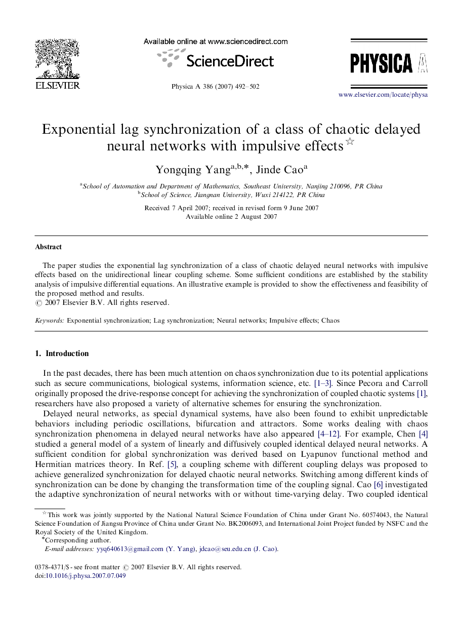 Exponential lag synchronization of a class of chaotic delayed neural networks with impulsive effects 