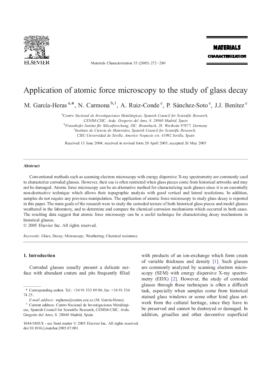 عکس صفحه اول مقاله: Application of atomic force microscopy to the study of glass decay Application of atomic force microscopy to the study of glass decay