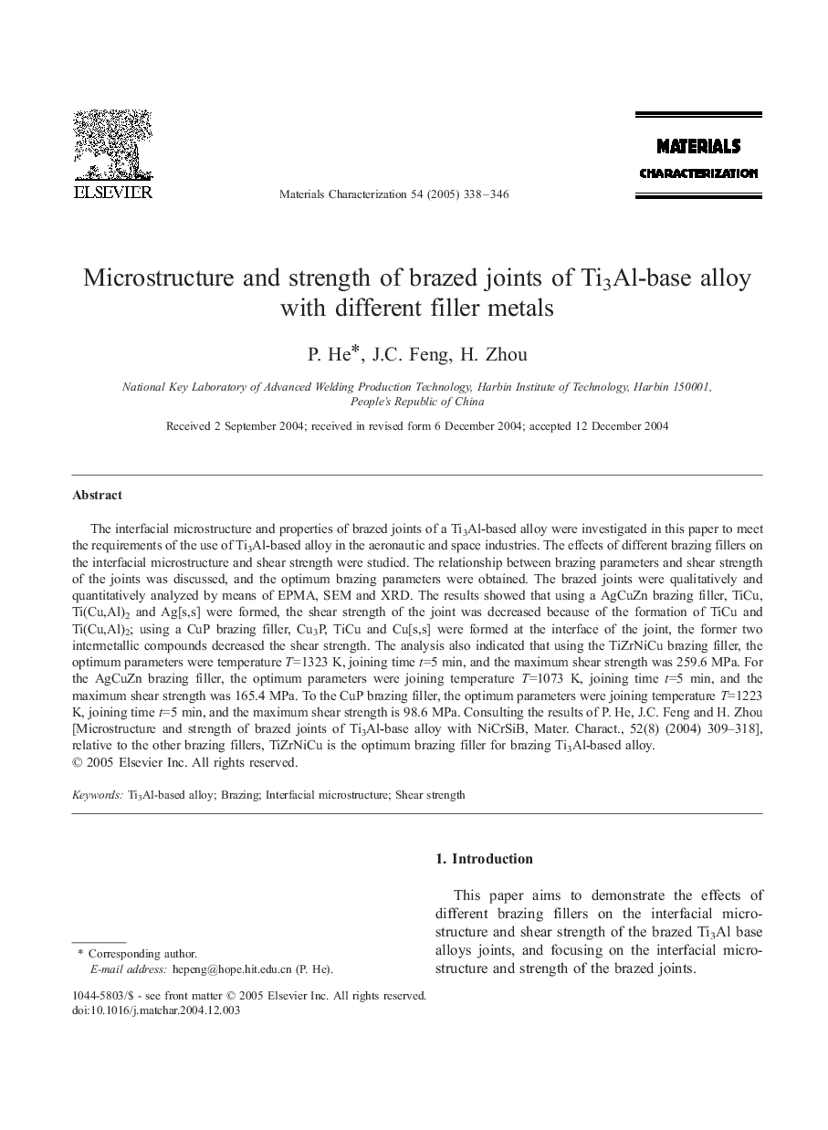 Microstructure and strength of brazed joints of Ti3Al-base alloy with different filler metals