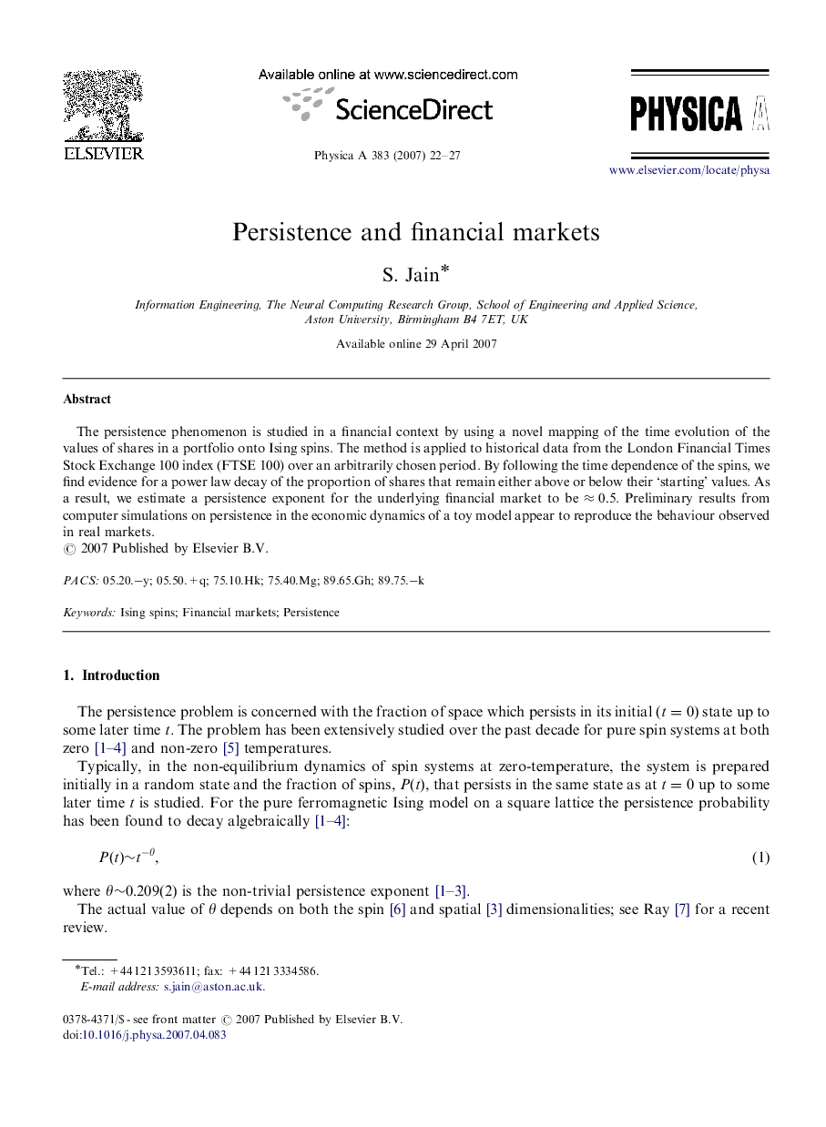 Persistence and financial markets