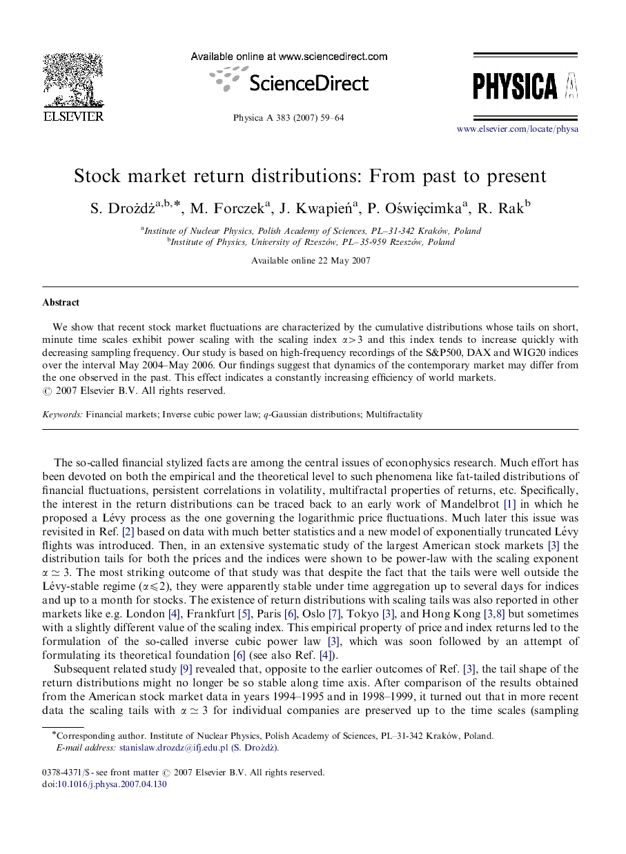 Stock market return distributions: From past to present