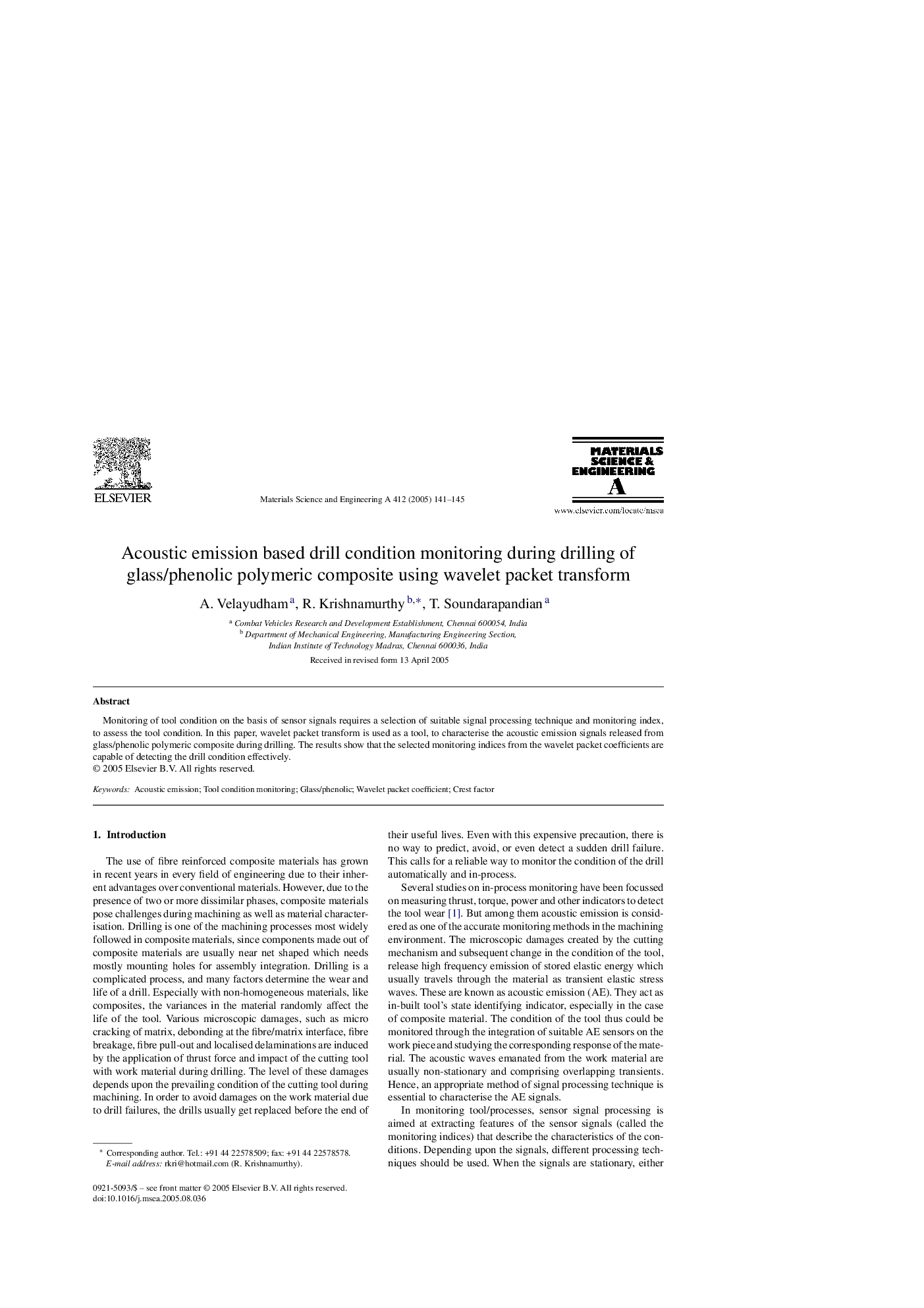 Acoustic emission based drill condition monitoring during drilling of glass/phenolic polymeric composite using wavelet packet transform