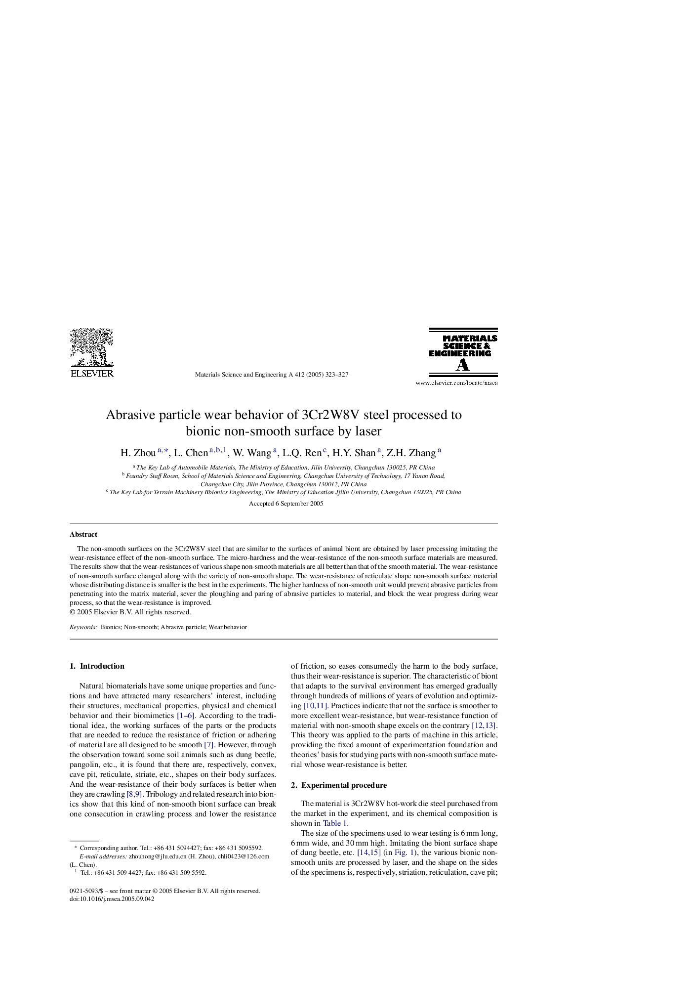 Abrasive particle wear behavior of 3Cr2W8V steel processed to bionic non-smooth surface by laser