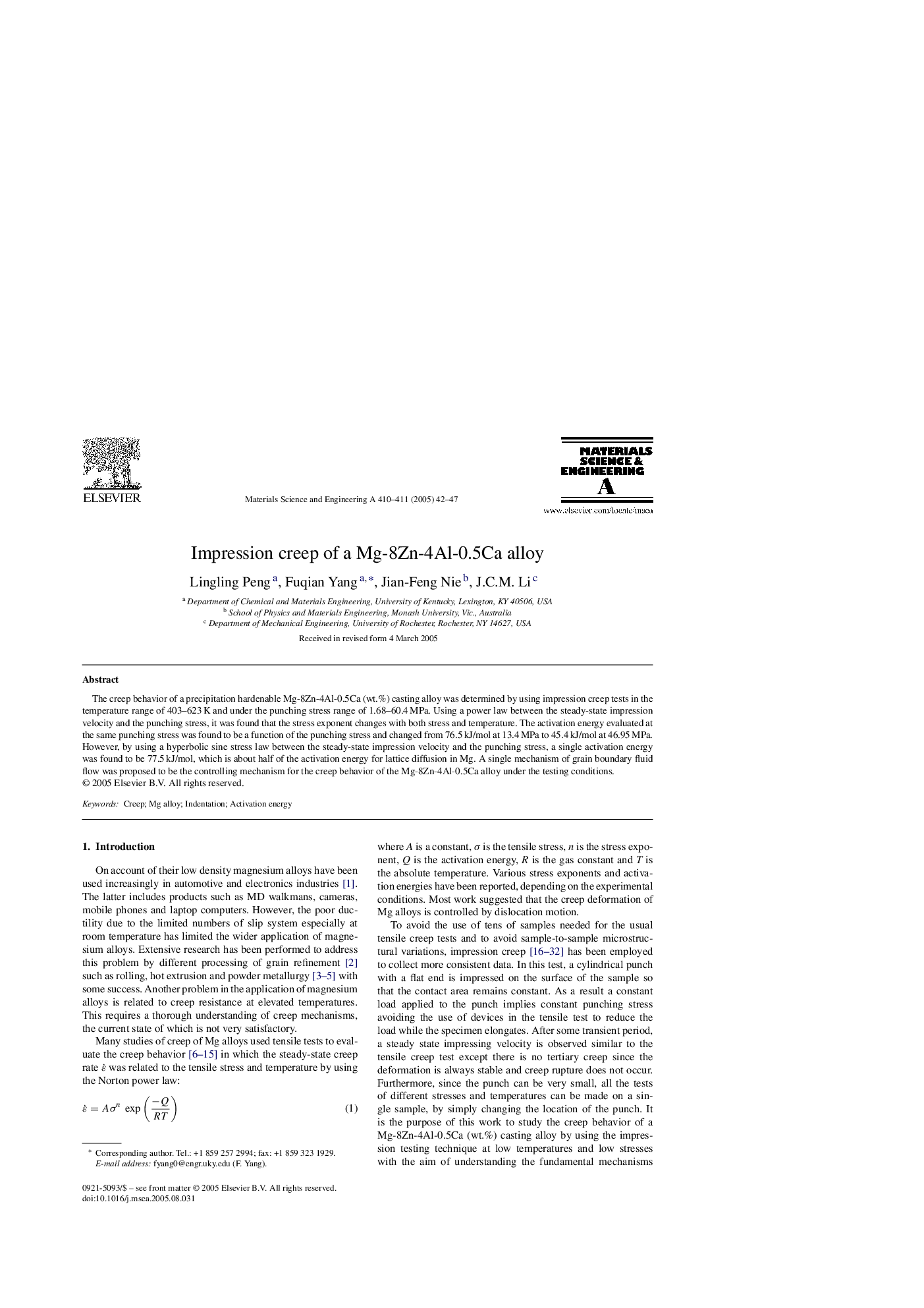 Impression creep of a Mg-8Zn-4Al-0.5Ca alloy