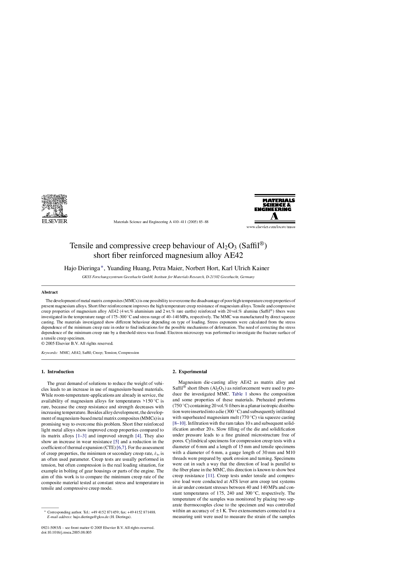 Tensile and compressive creep behaviour of Al2O3 (Saffil®) short fiber reinforced magnesium alloy AE42