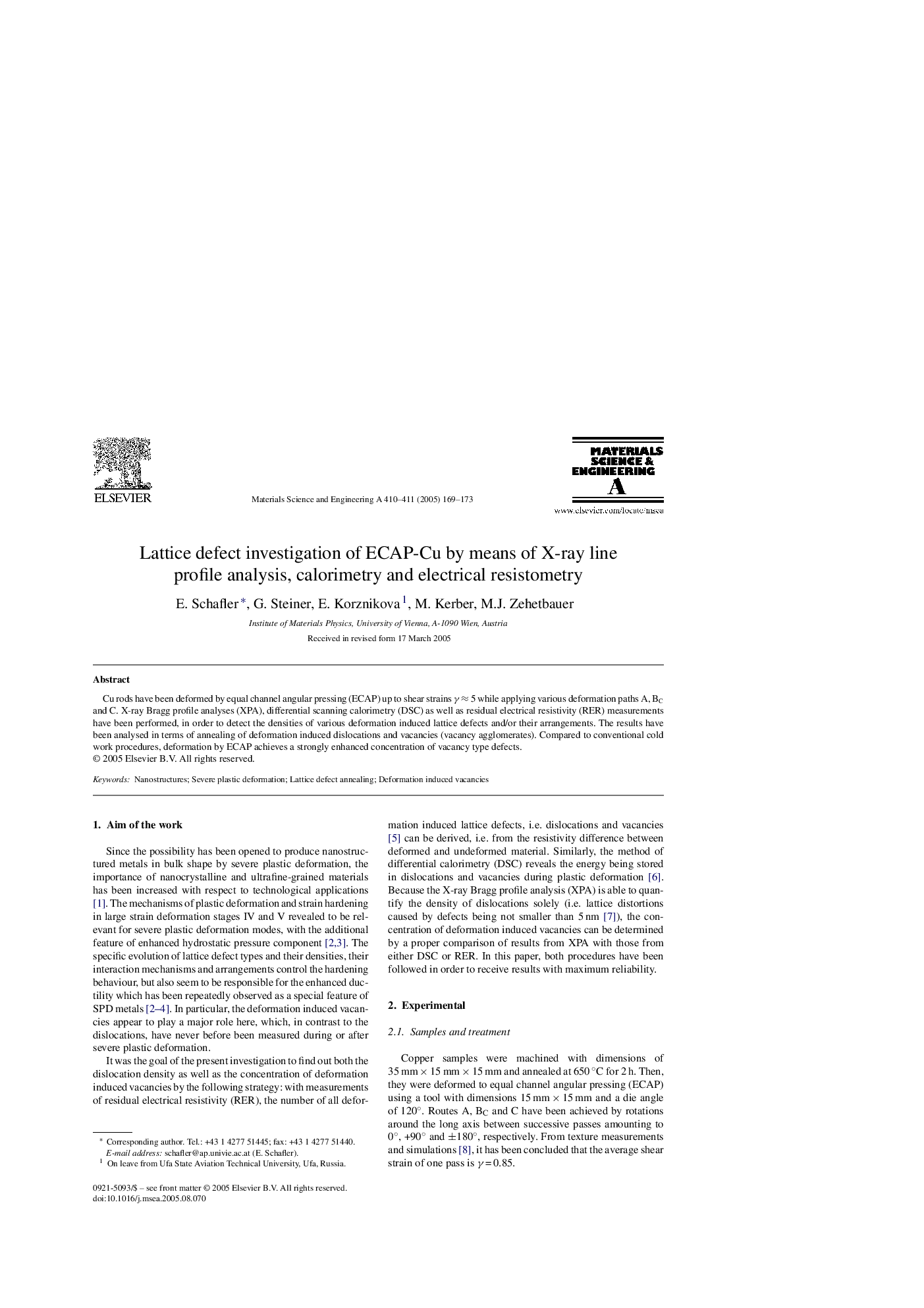 Lattice defect investigation of ECAP-Cu by means of X-ray line profile analysis, calorimetry and electrical resistometry