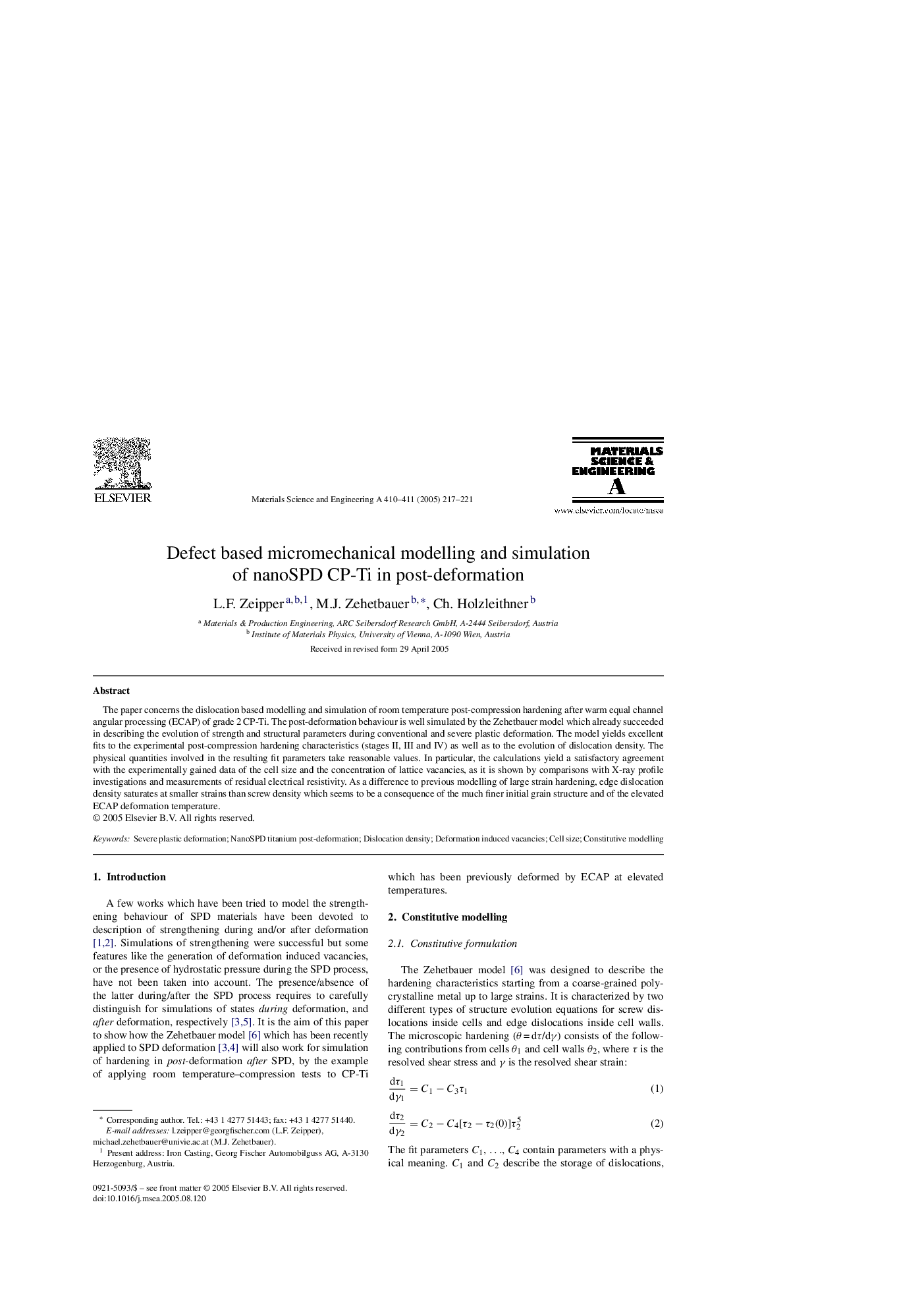 Defect based micromechanical modelling and simulation of nanoSPD CP-Ti in post-deformation