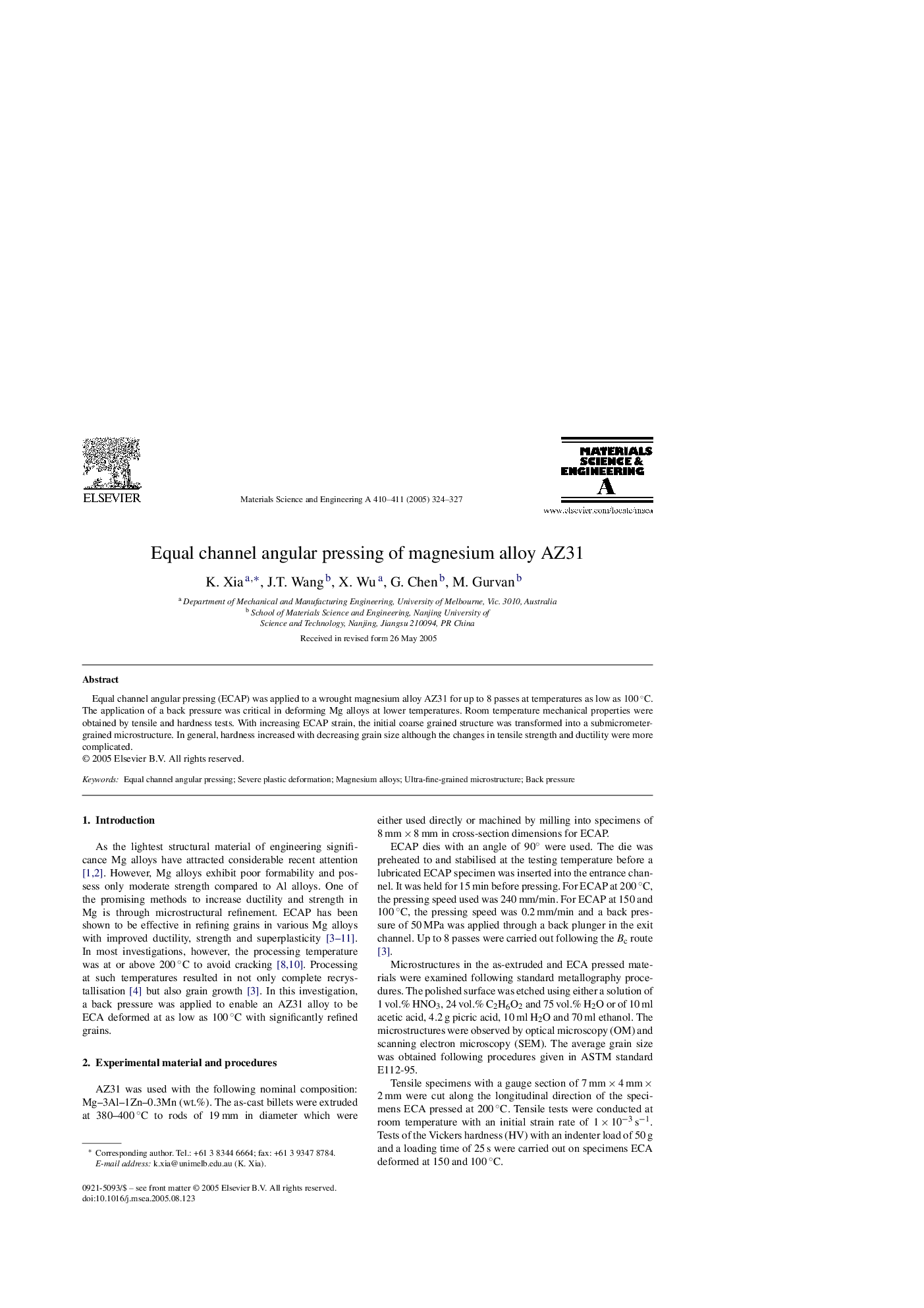 Equal channel angular pressing of magnesium alloy AZ31