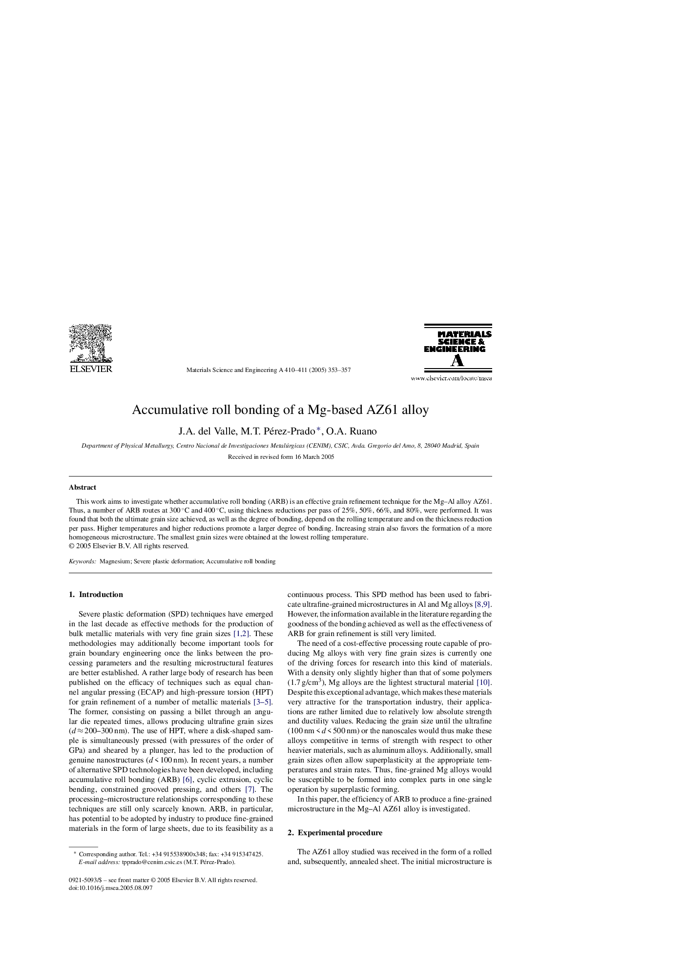 Accumulative roll bonding of a Mg-based AZ61 alloy