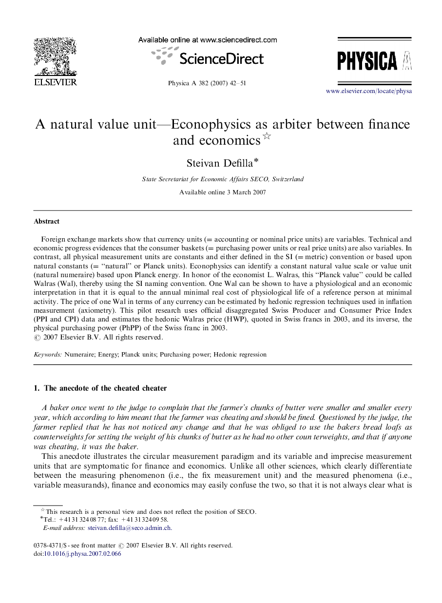 A natural value unit-Econophysics as arbiter between finance and economics