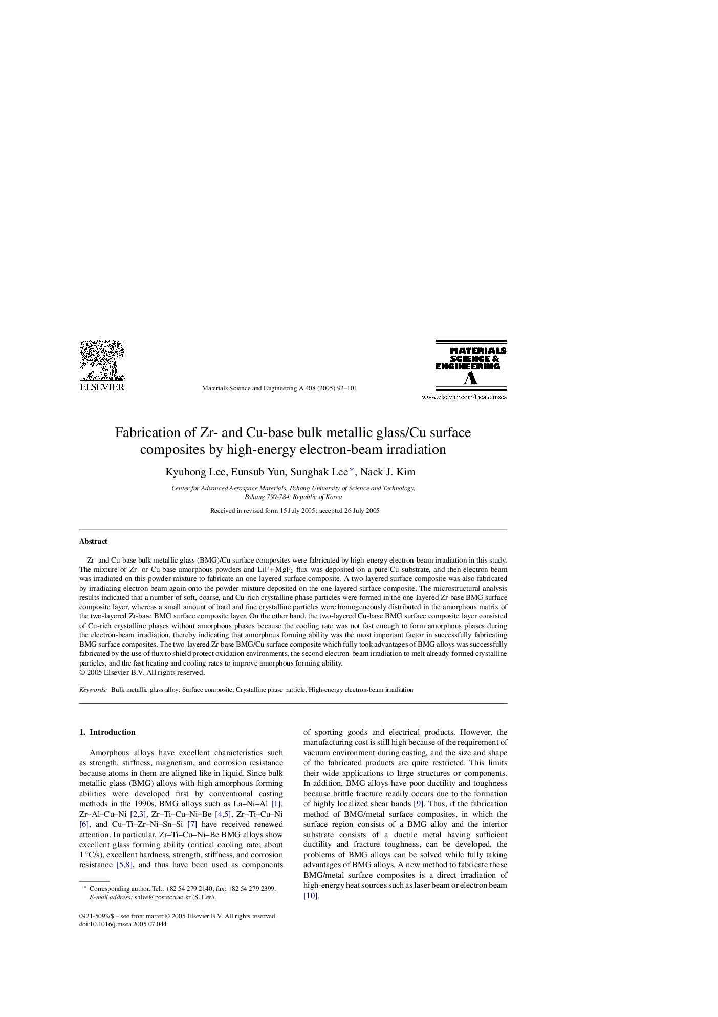 Fabrication of Zr- and Cu-base bulk metallic glass/Cu surface composites by high-energy electron-beam irradiation