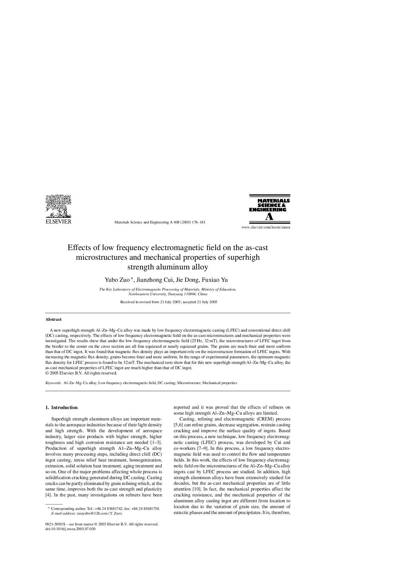 Effects of low frequency electromagnetic field on the as-cast microstructures and mechanical properties of superhigh strength aluminum alloy