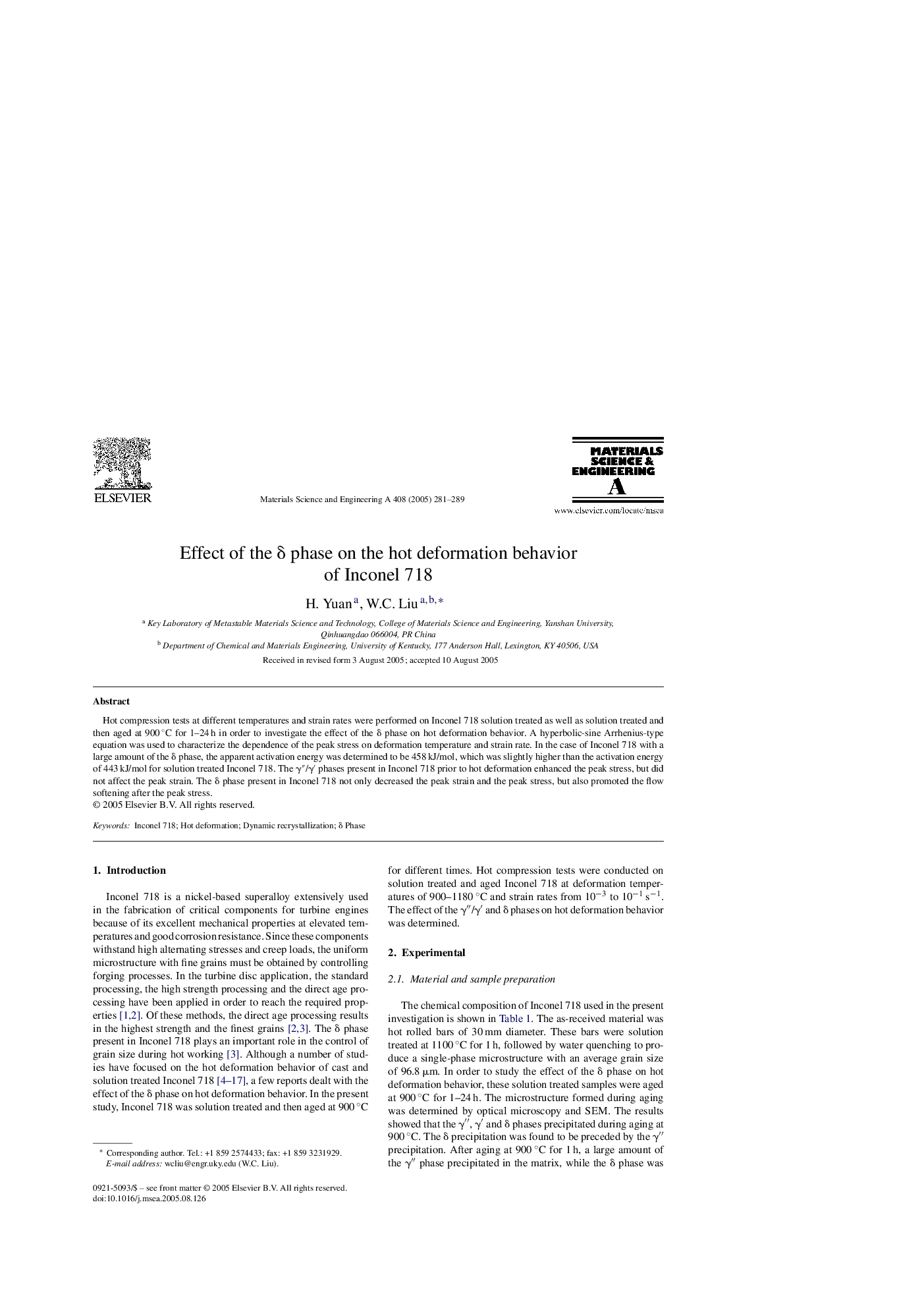 Effect of the Î´ phase on the hot deformation behavior of Inconel 718