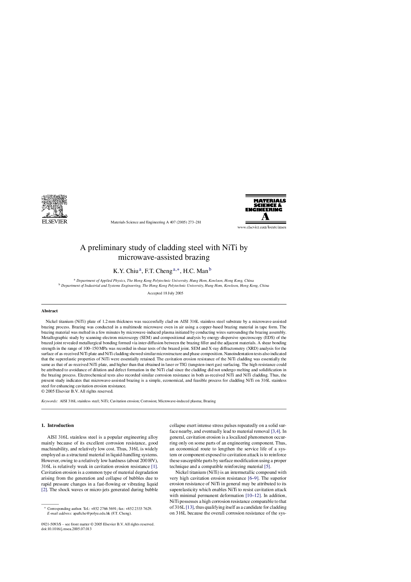 A preliminary study of cladding steel with NiTi by microwave-assisted brazing