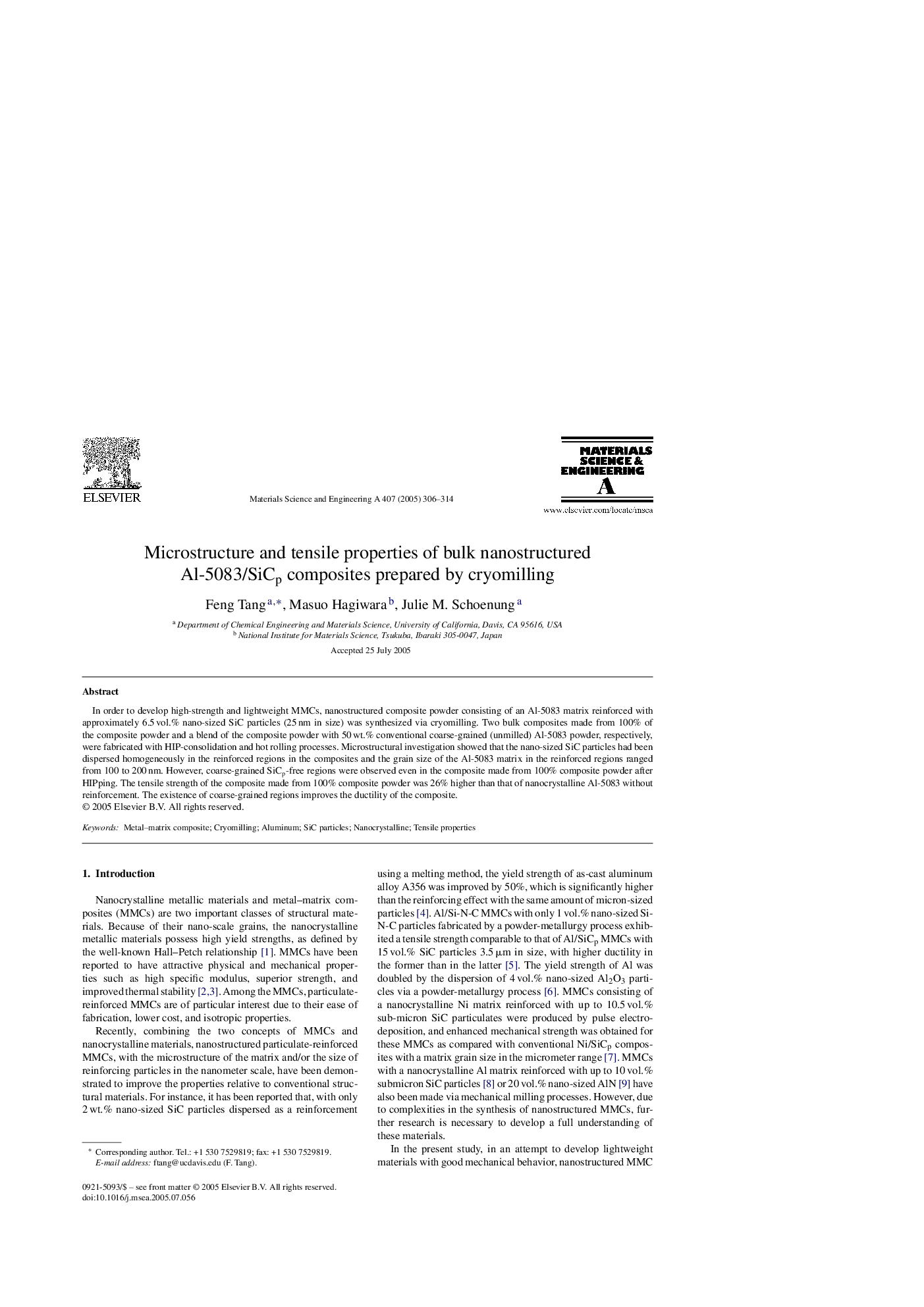 Microstructure and tensile properties of bulk nanostructured Al-5083/SiCp composites prepared by cryomilling