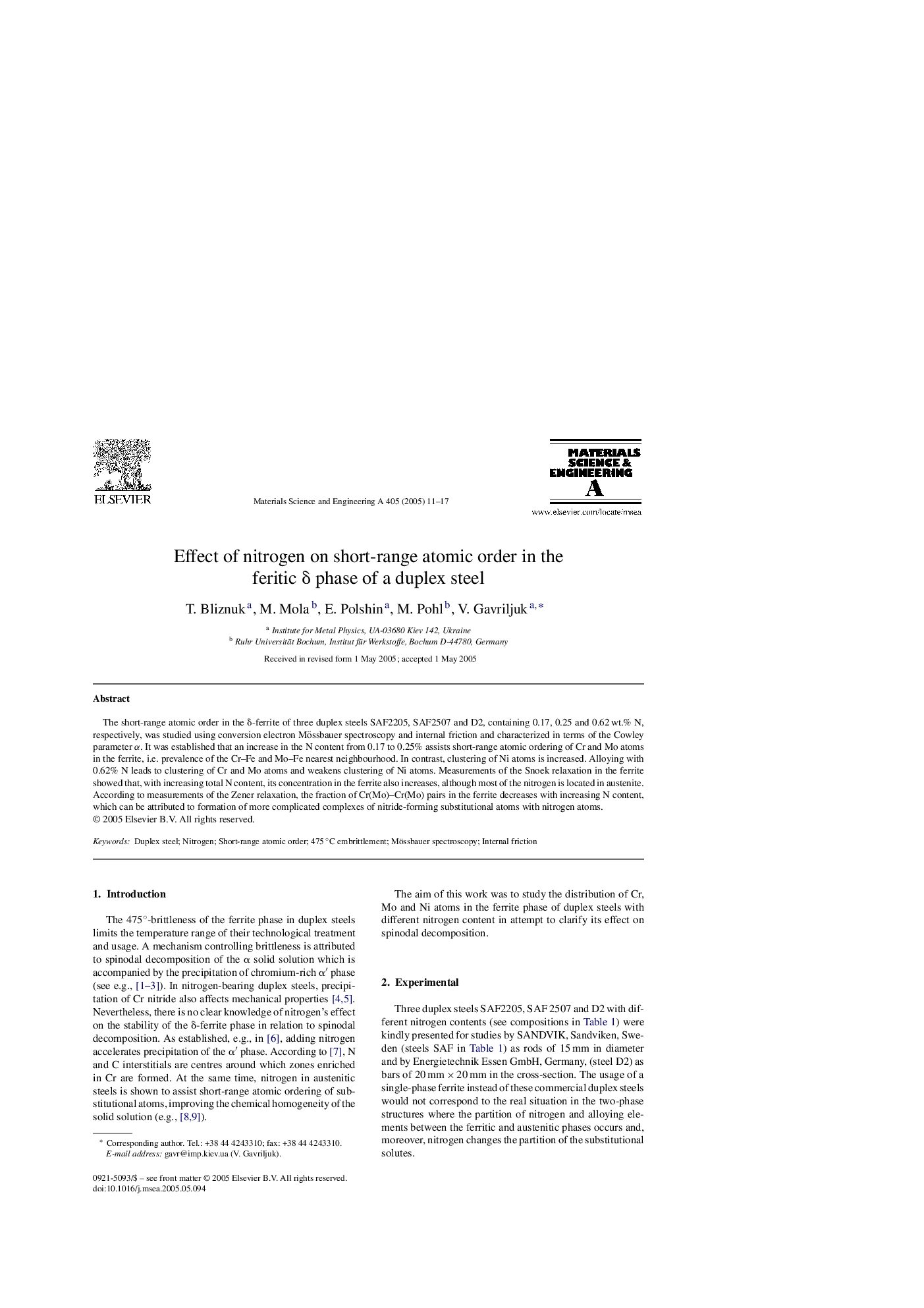 Effect of nitrogen on short-range atomic order in the feritic Î´ phase of a duplex steel