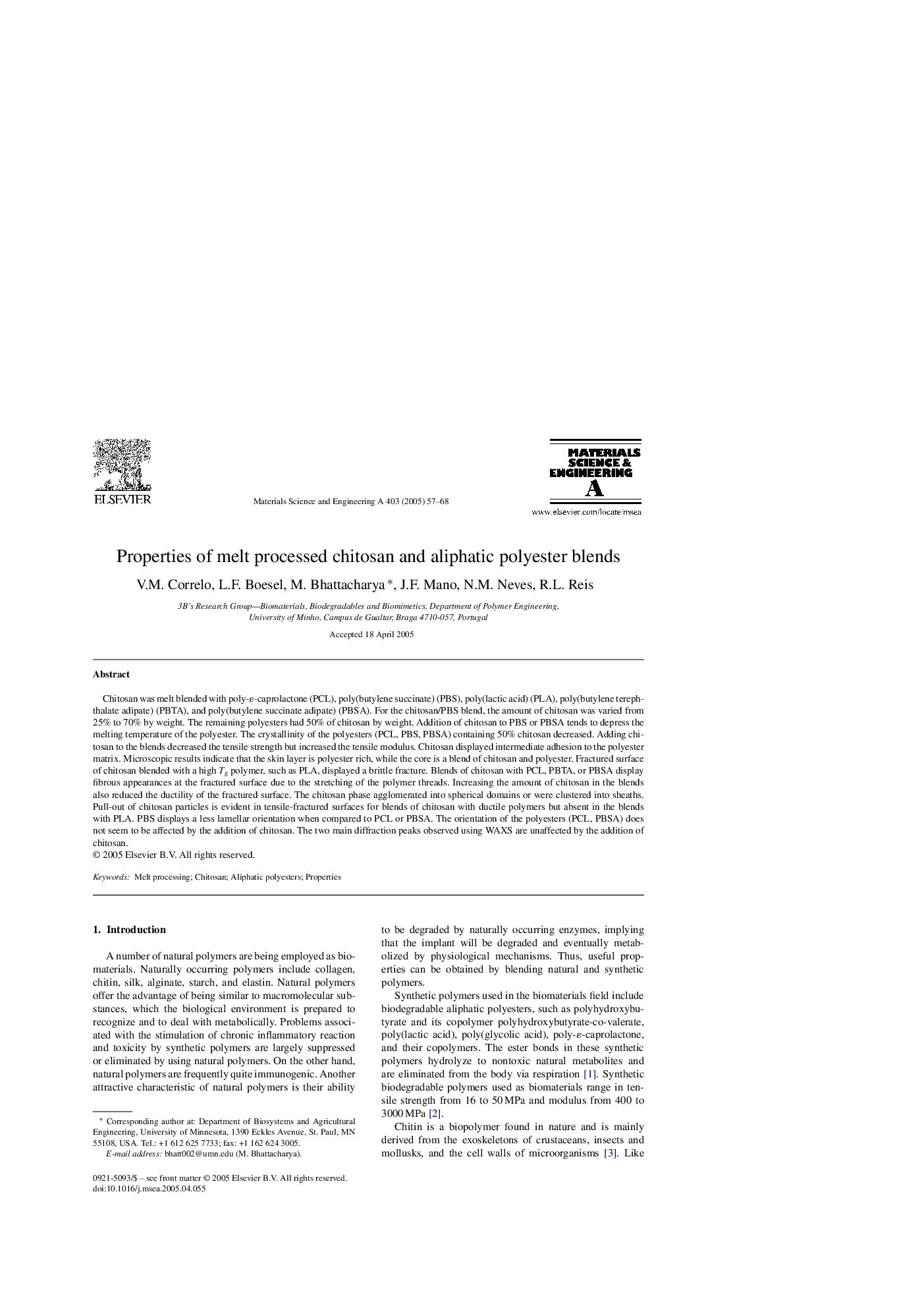 Properties of melt processed chitosan and aliphatic polyester blends