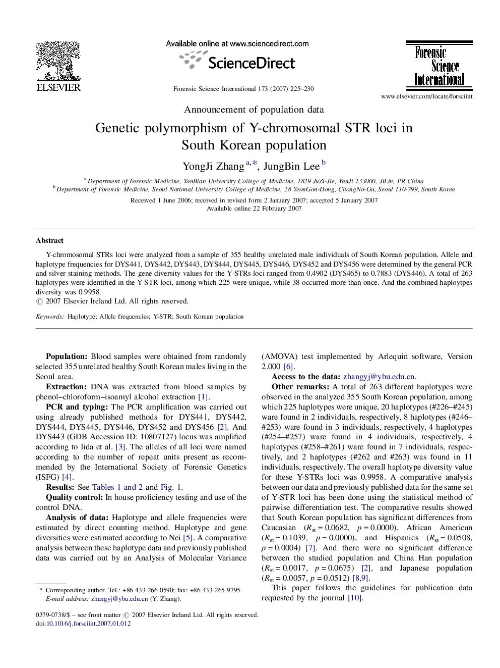 Genetic polymorphism of Y-chromosomal STR loci in South Korean population