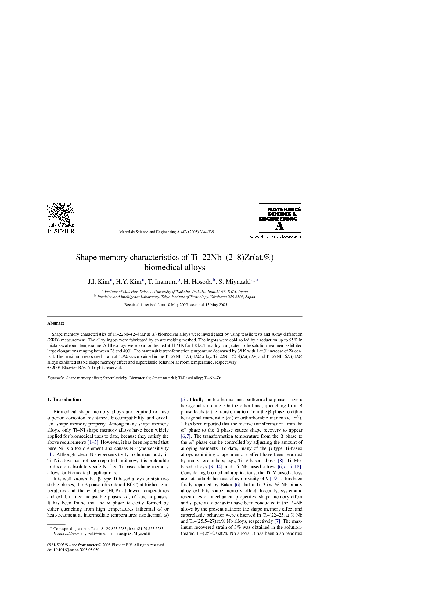 Shape memory characteristics of Ti-22Nb-(2-8)Zr(at.%) biomedical alloys