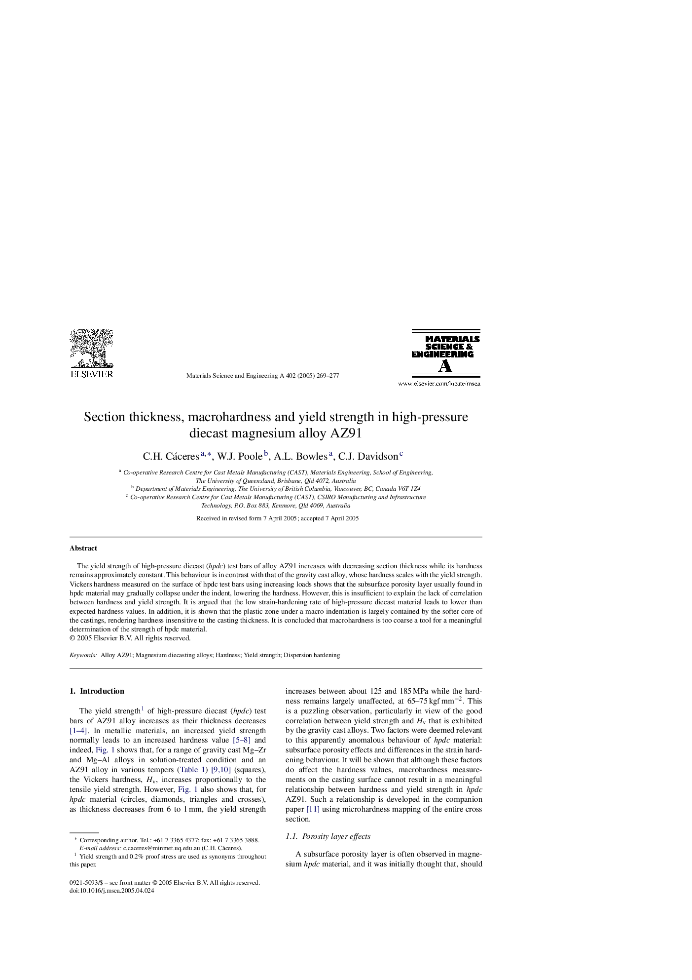 Section thickness, macrohardness and yield strength in high-pressure diecast magnesium alloy AZ91