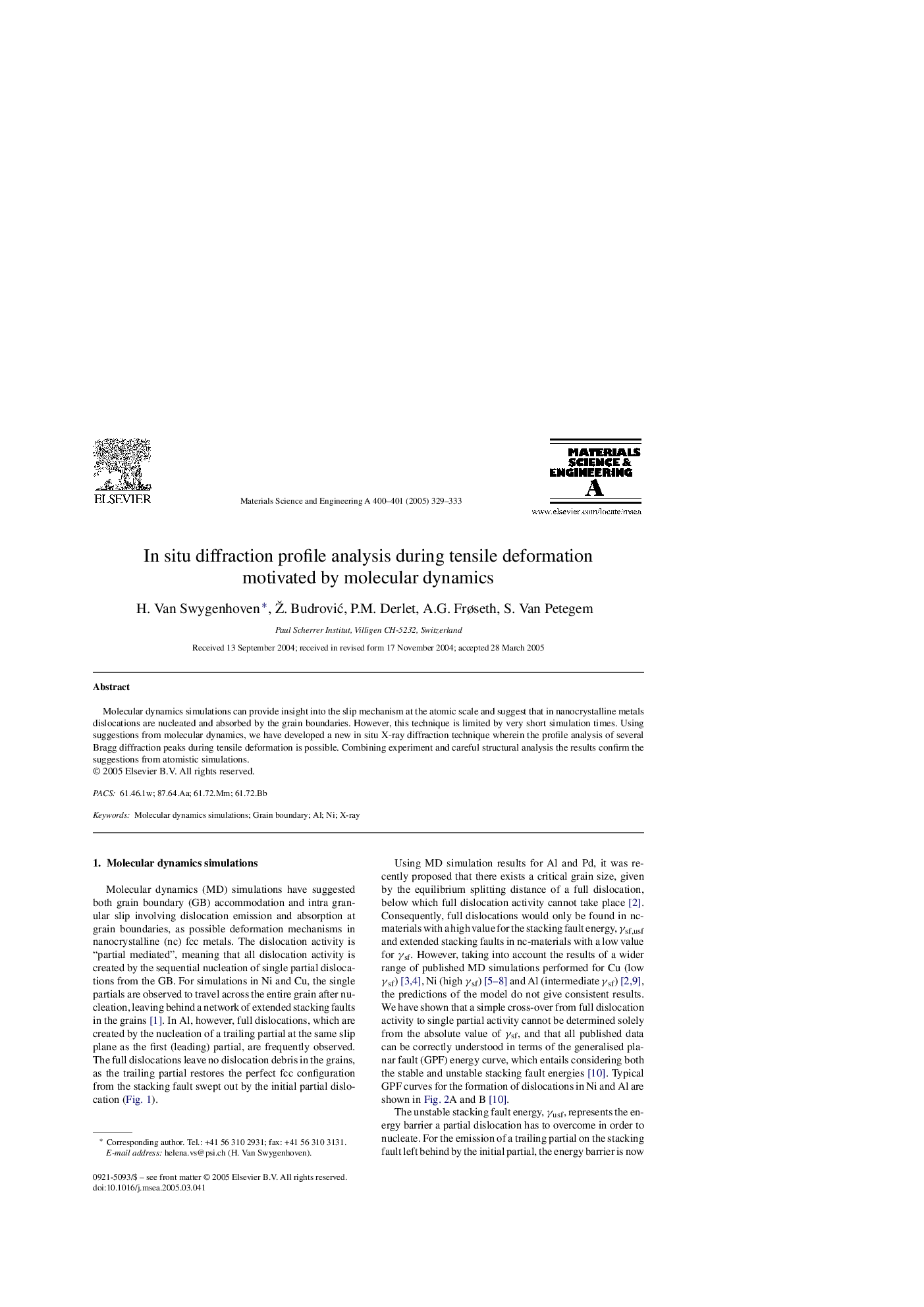 In situ diffraction profile analysis during tensile deformation motivated by molecular dynamics