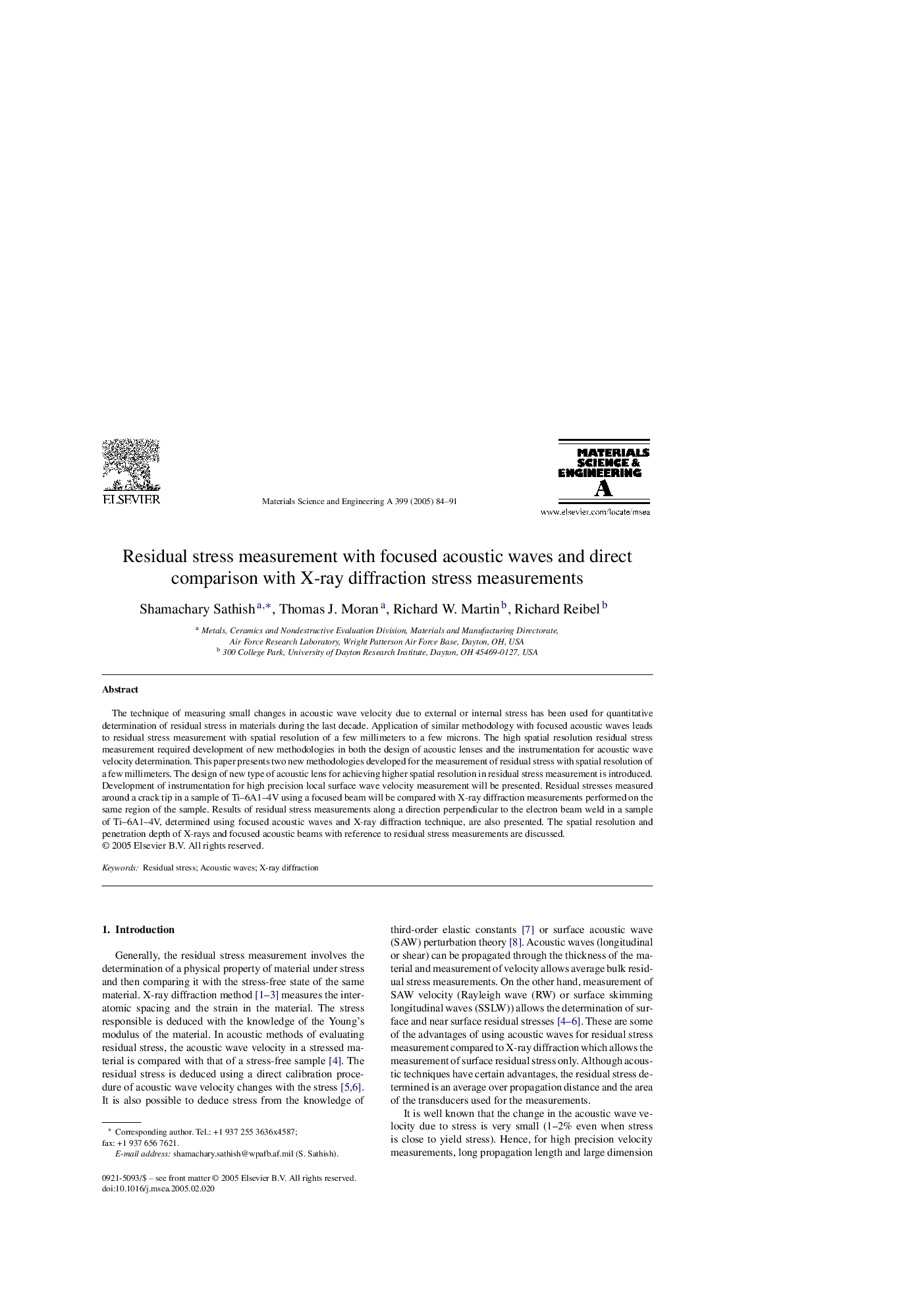 Residual stress measurement with focused acoustic waves and direct comparison with X-ray diffraction stress measurements