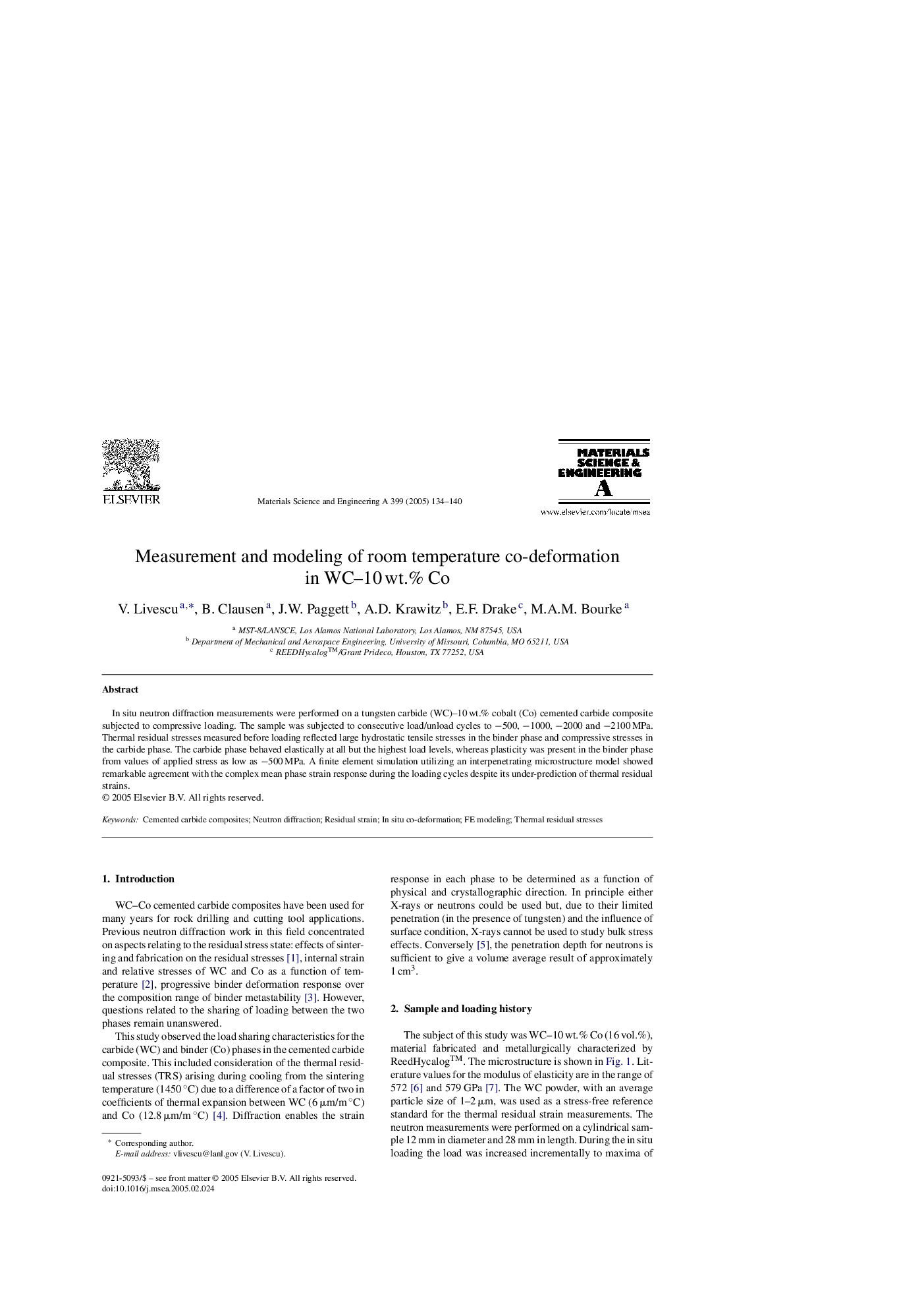 عکس صفحه اول مقاله: Measurement and modeling of room temperature co-deformation in WC-10Â wt.% Co Measurement and modeling of room temperature co-deformation in WC-10Â wt.% Co