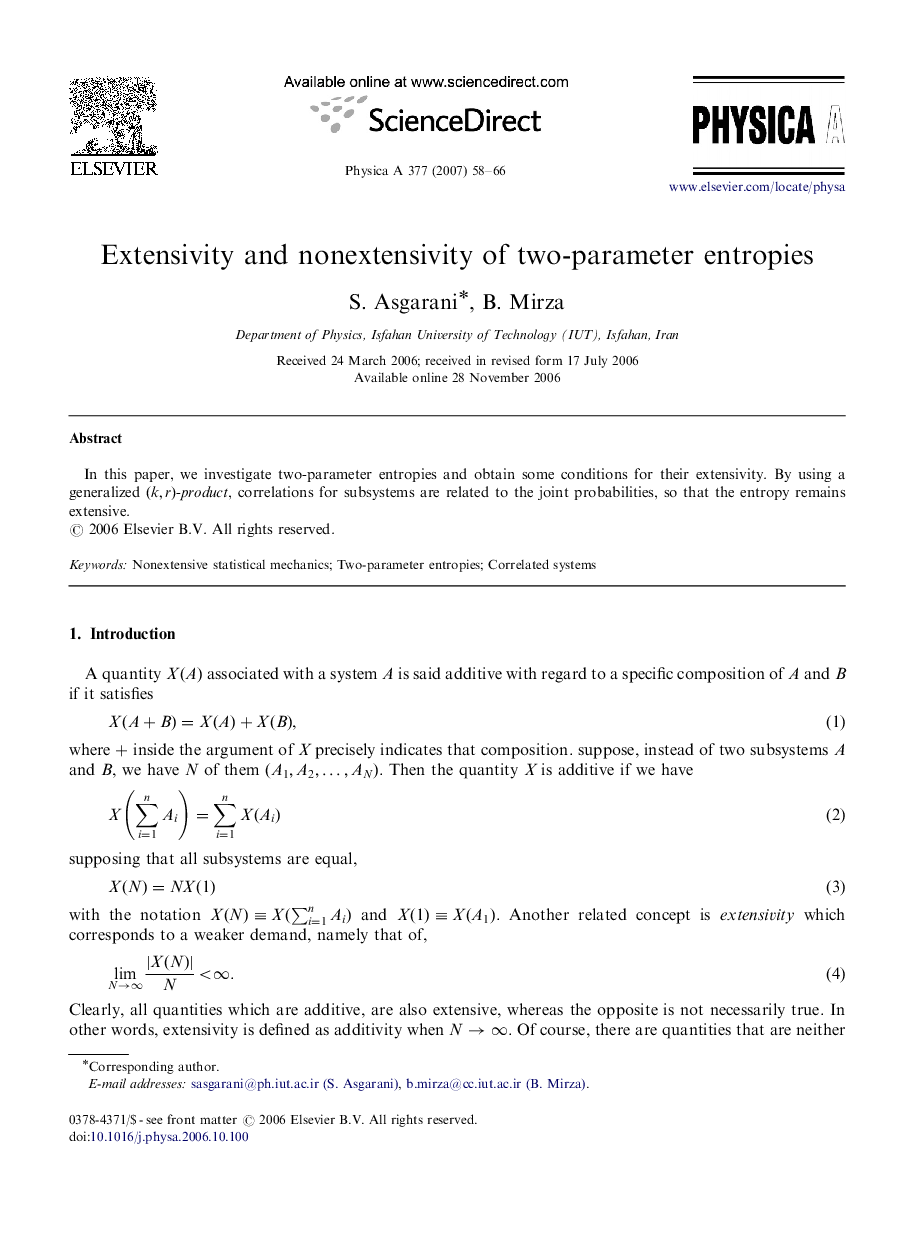 Extensivity and nonextensivity of two-parameter entropies