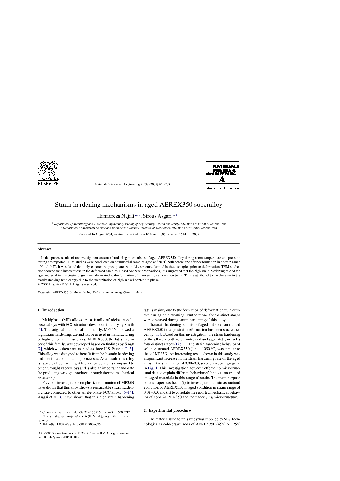 Strain hardening mechanisms in aged AEREX350 superalloy