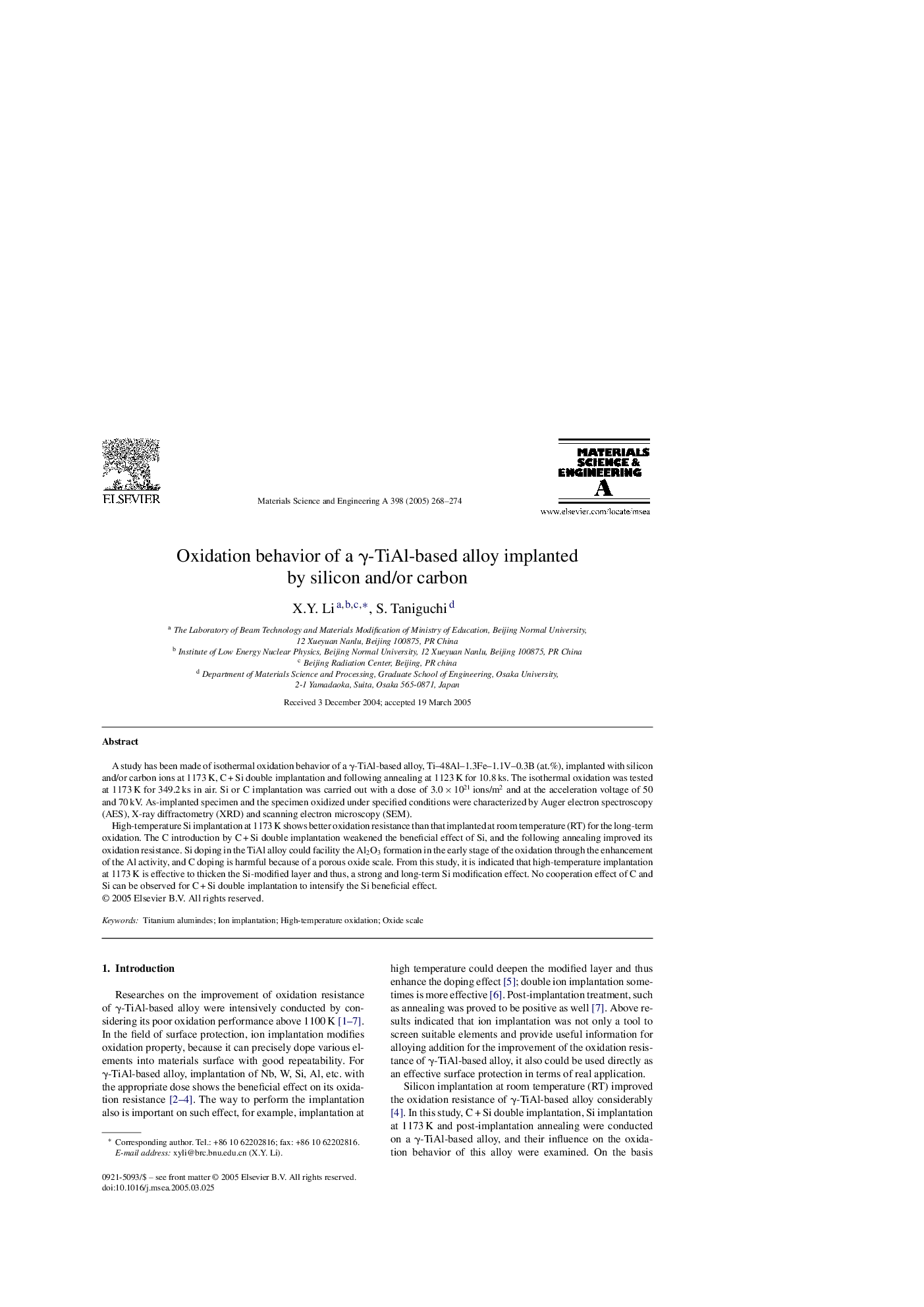 Oxidation behavior of a Î³-TiAl-based alloy implanted by silicon and/or carbon