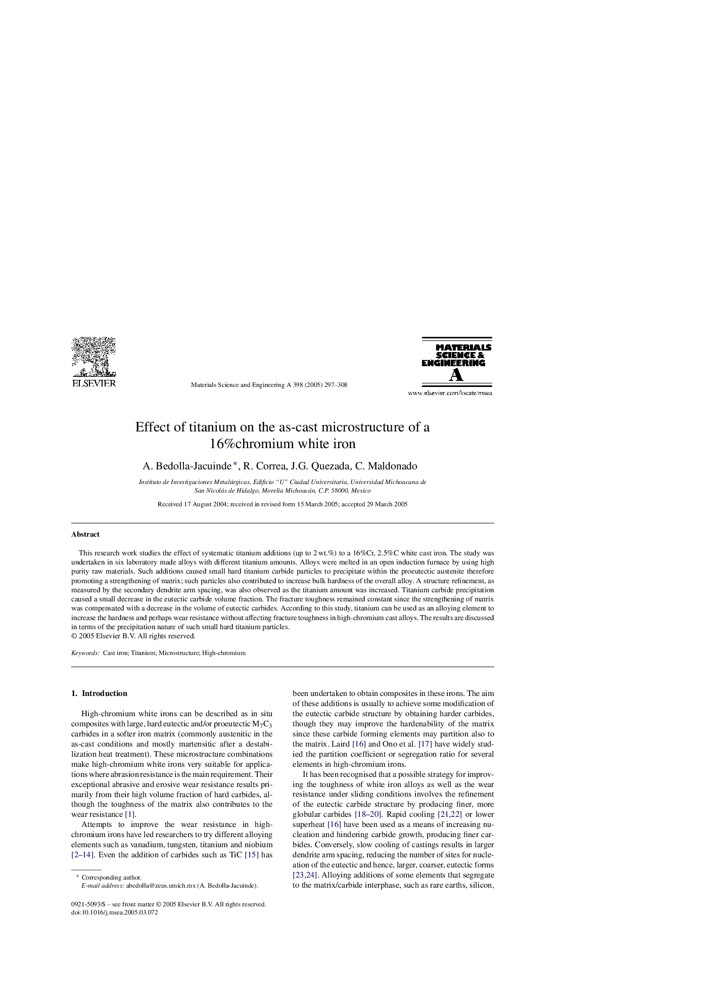 Effect of titanium on the as-cast microstructure of a 16%chromium white iron