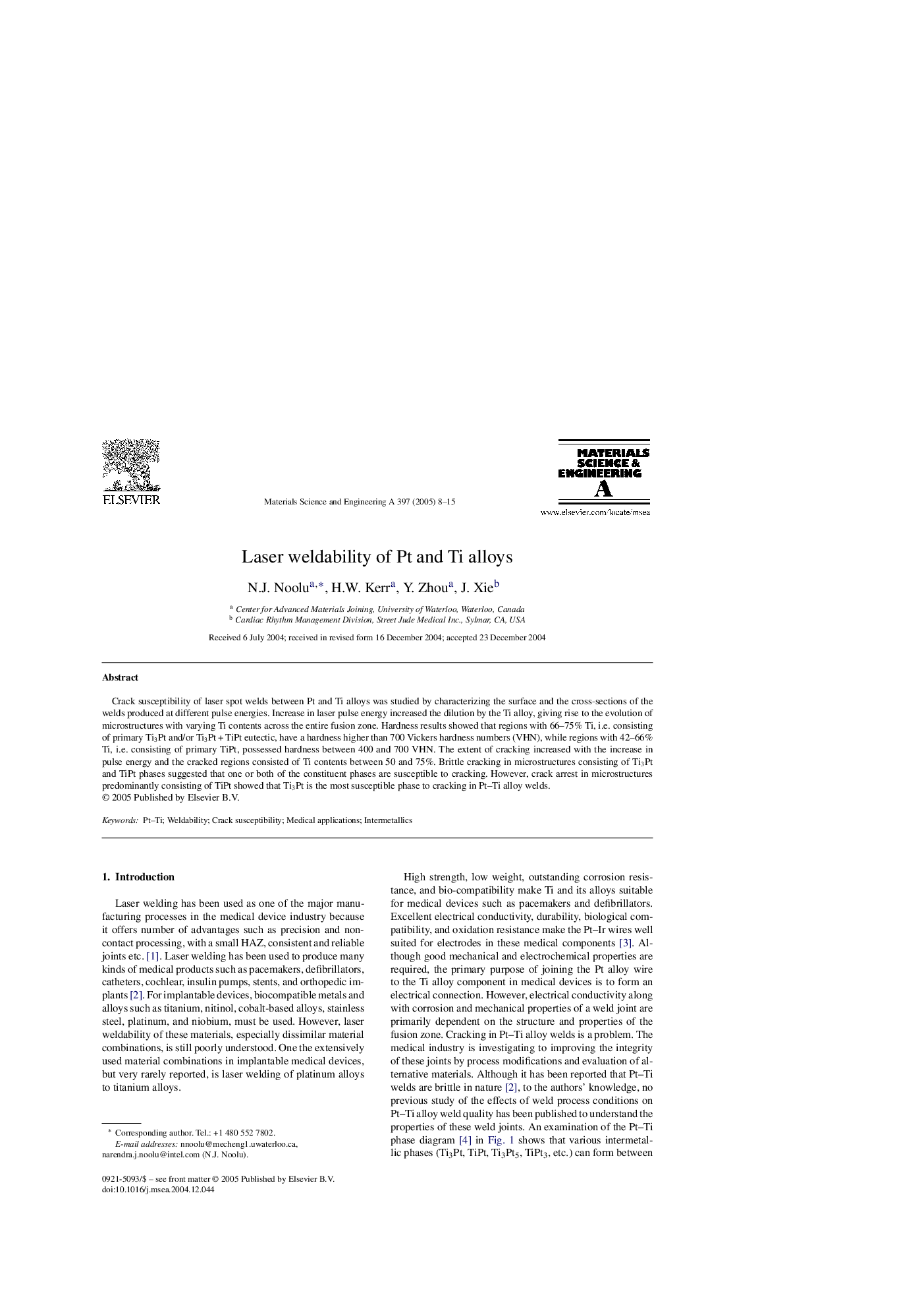 Laser weldability of Pt and Ti alloys