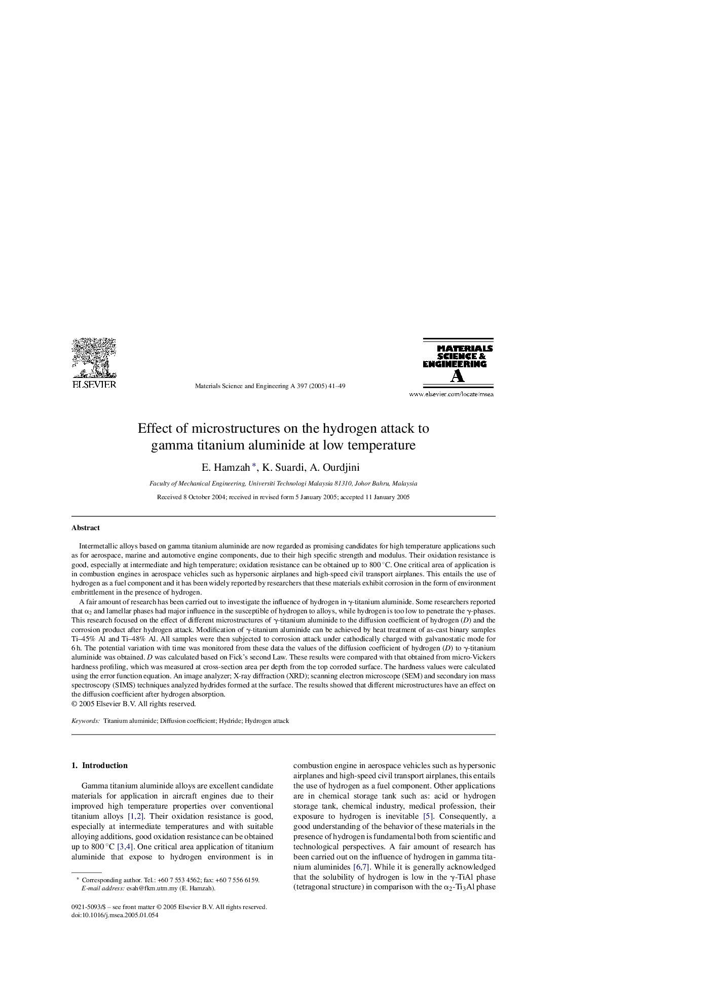 Effect of microstructures on the hydrogen attack to gamma titanium aluminide at low temperature