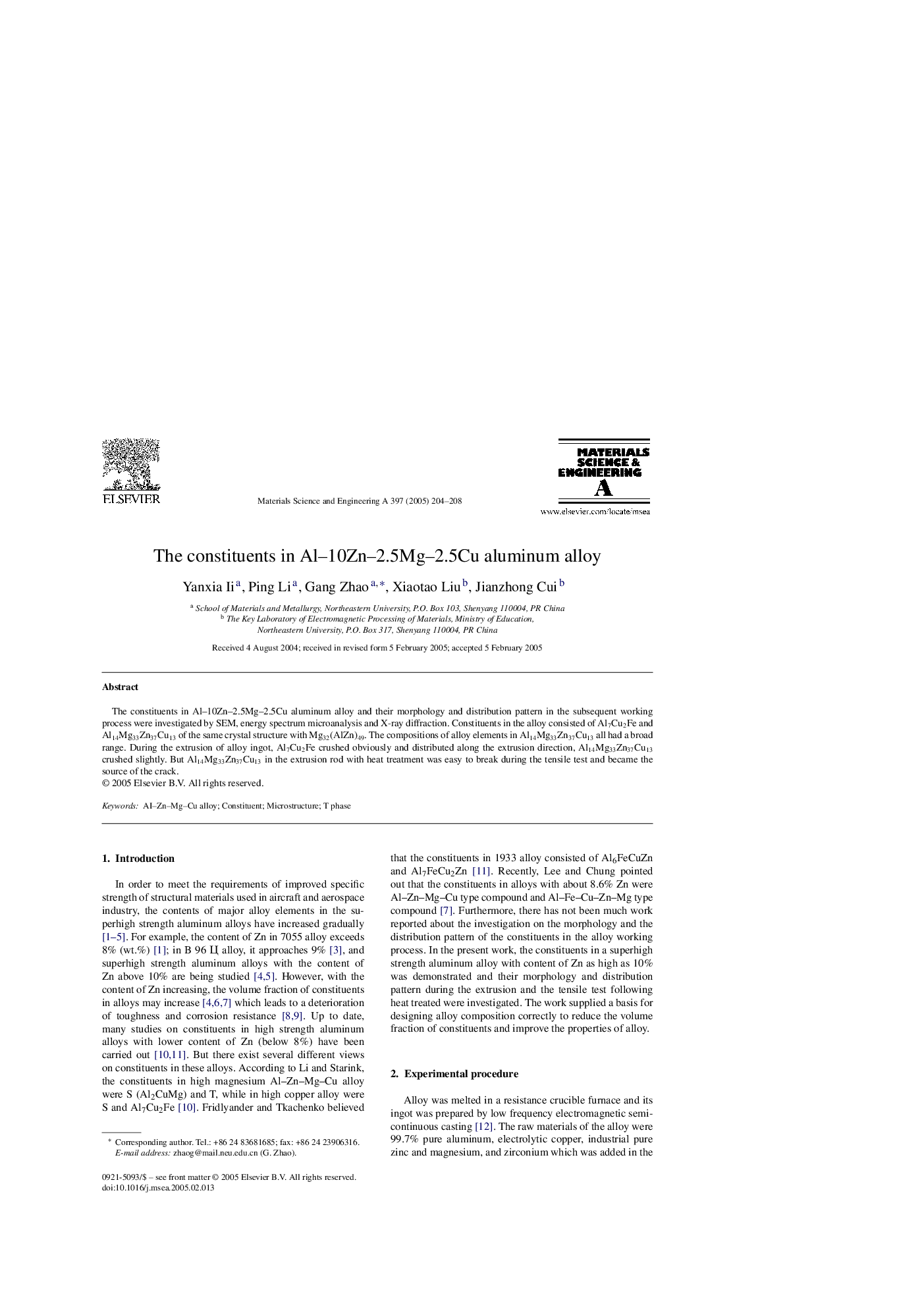 The constituents in Al-10Zn-2.5Mg-2.5Cu aluminum alloy